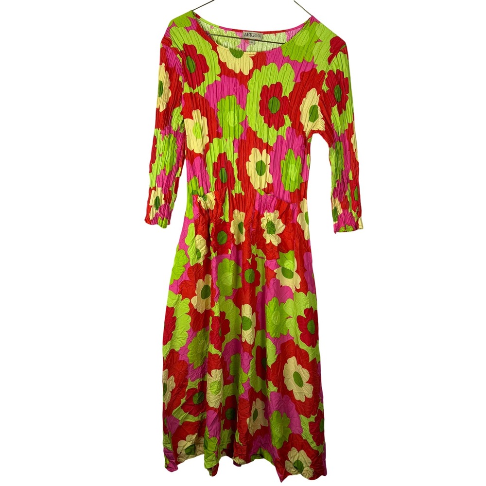 Alquema Plisse Accordion Pleat Women Midi Dress Red Green Floral Polyester
